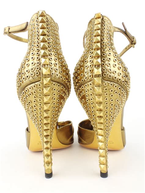 gucci gold metallic leather studded pointed toe coline|Gucci Studded Shoes .